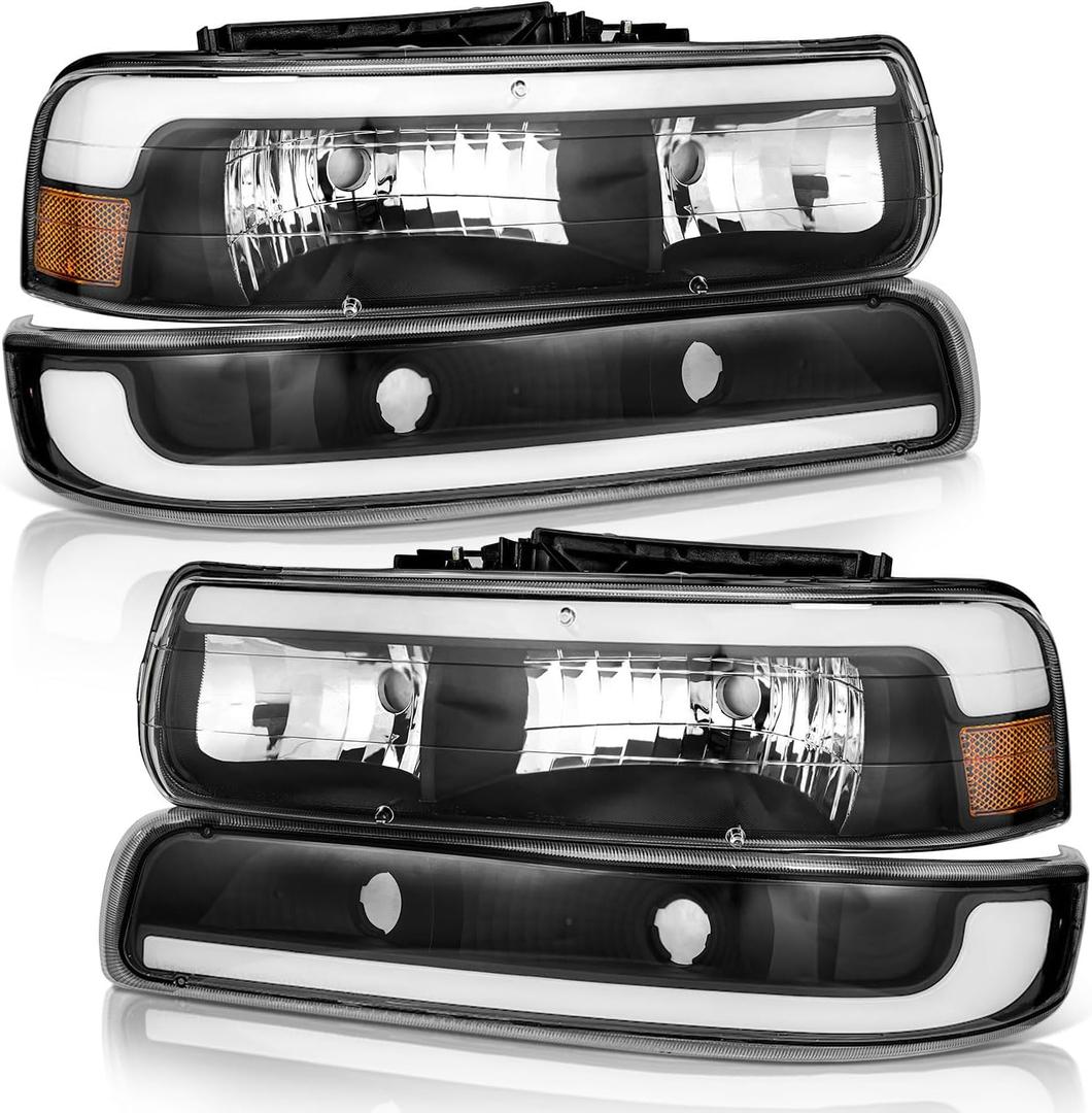 WEELMOTO Headlights Assembly for 99-02 Chevy Silverado 1500 2500; for 01-02 Silverado 1500HD 2500HD 3500HD; for 00-06 Tahoe Suburban 1500 2500; with Daytime Bar Tube+Parking Turn Signal Light (Clear Lens I Amber Reflector | Double LED Strips)