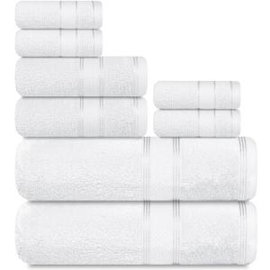 Casa Lino Bath Towel Set of 8 (2 Bath Towels, 4 Wash Cloths & 2 Hand Towels for Bathroom) - 100% Cotton - Highly Absorbent & Quick Dry - Guest Room Essentials for Bathroom Set - (White)
