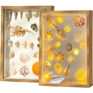 Shadow Box Frame Seashell Display Box 12x9 with Fairy Light and Pearl Shadow Box Display Case Box 1 Pack (Burlywood), BKP09