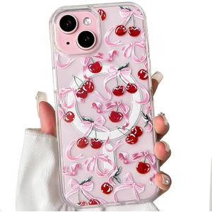 NITITOP Compatible with iPhone 15 Case Clear Magnetic Durable Compatible with MagSafe Cute Bow Ribbon for Women Girls Bowknot Hard PC Back Shockproof Protective Phone Cover - Cherry