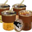 13oz Glass Tumbler with Lid and Straw Set of 4, Reusable Thickened Drinking Glasses for Iced Coffee, Tea, Leakproof & Insulated Cups, Amber