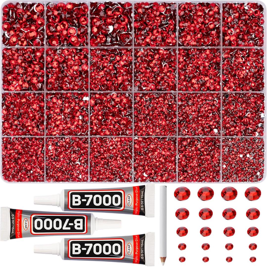 31000Pcs Red AB Rhinestones for Bedazzling, Bedazzler Kit with Flatback Rhinestones for Clothes Crafting Crafts Nails, 2,3,4,5,6mm Flat Back Resin Crystal Bedazzling Kit with B 7000 Glue Clear