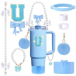 9pcs Stanley Cup Accessories Set- for 30oz 40oz Tumblers with Handle - Bule Kit Includes Bow Straw Topper and Boot, Charm, Pearl Handle Strap & Stickers - Aesthetic Girl Gifts (U)