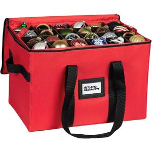 Christmas Ornament Storage Container, Box Stores Up to 96, Adjustable Dividers, Large Organizer Bin to Protect and Store Holiday Dcor (Red)