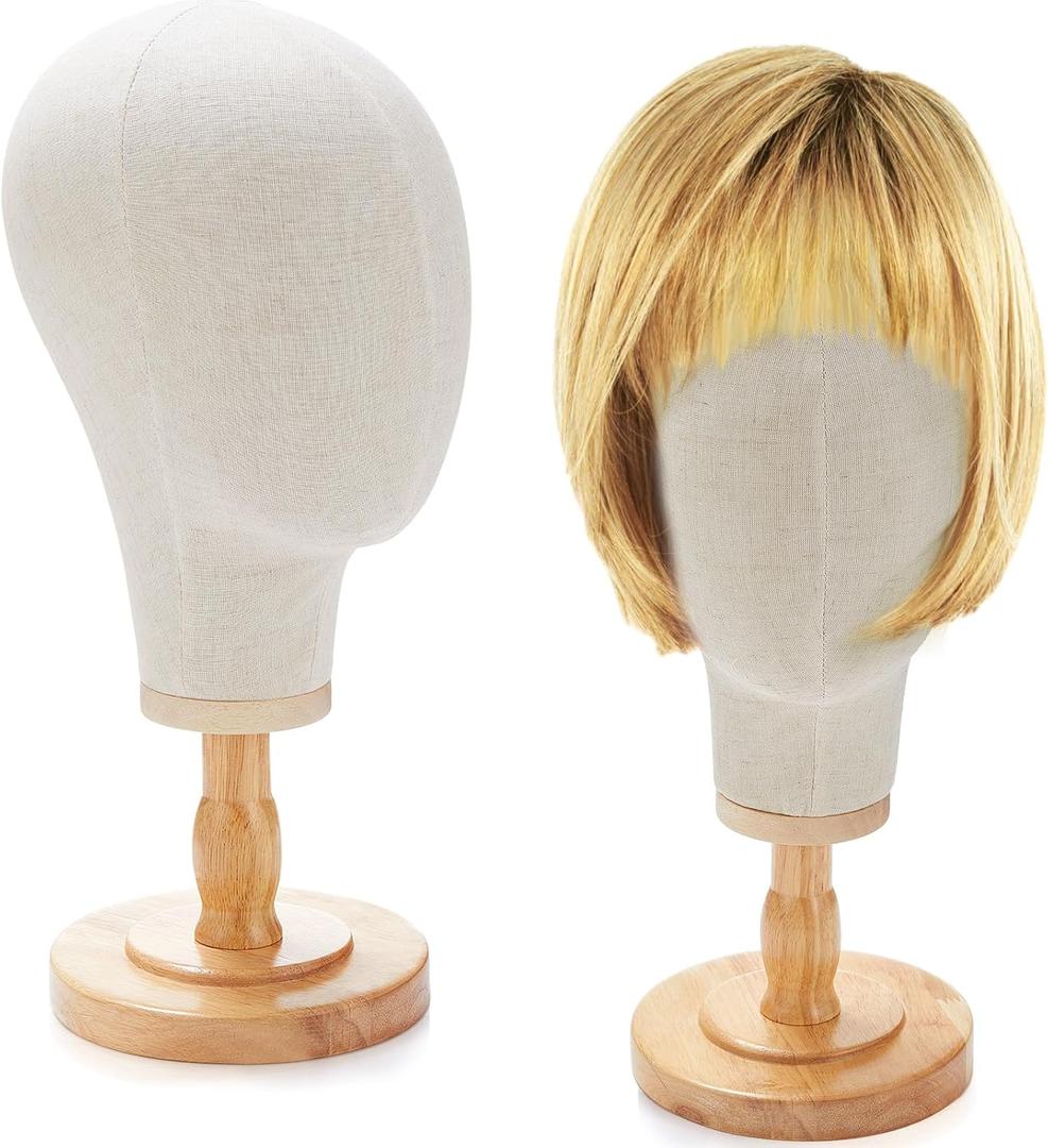 RattanView 2 Pcs Wig Stand with Head 23 Inch Linen Mannequin Head with Wooden Stand Canvas Mannequin for Hats Wigs Caps Headdress Home Store Hair Salon(Beige)