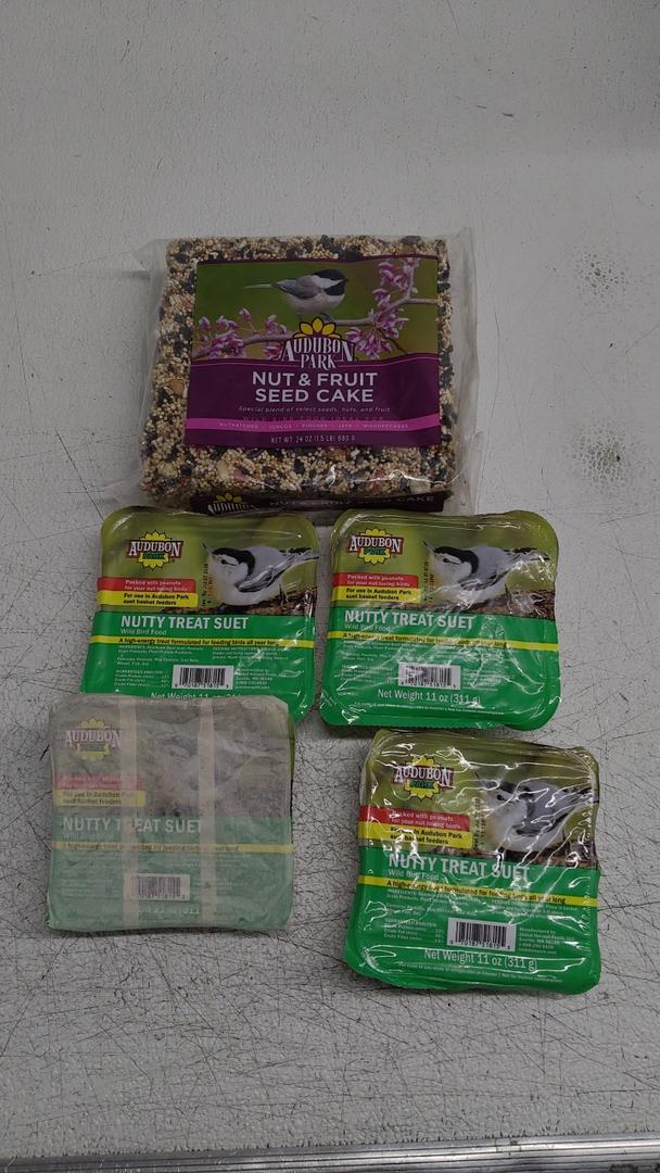AUDUBON PARK, Nut & Fruit Seed Cake, Wild Bird Food 1.5LBS, Best by May-14-2026, 1 Pack, and 4 Pack Nutty Treat Suet, 3 Sealed, One Unsealed