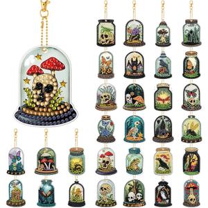 WILLBOND 30 Pcs Gothic Diamond Art Pack Keychains 5d DIY Skull Potion Bottle Kits Painting Horror Diamond Art Keychains for Home Beginners Craft Decoration Gifts