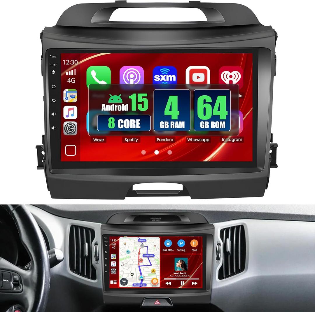 8 Core 4+64GB for Kia Sportage 2010-2016 Android 15 Car Stereo Wireless Carplay Android Auto, 9'' Touchscreen Car Radio with GPS, WiFi, 32EQ DSP, 59 UI, Bluetooth, FM RDS, Backup Camera