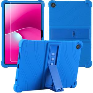 Caweet Case for T-Mobile Revvl Tab 2 10.1" Tablet (2025) with Tempered Glass Screen Protector, Heavy Duty Shockproof Full-Protection Adjustable Stand Silicone Cover, Blue