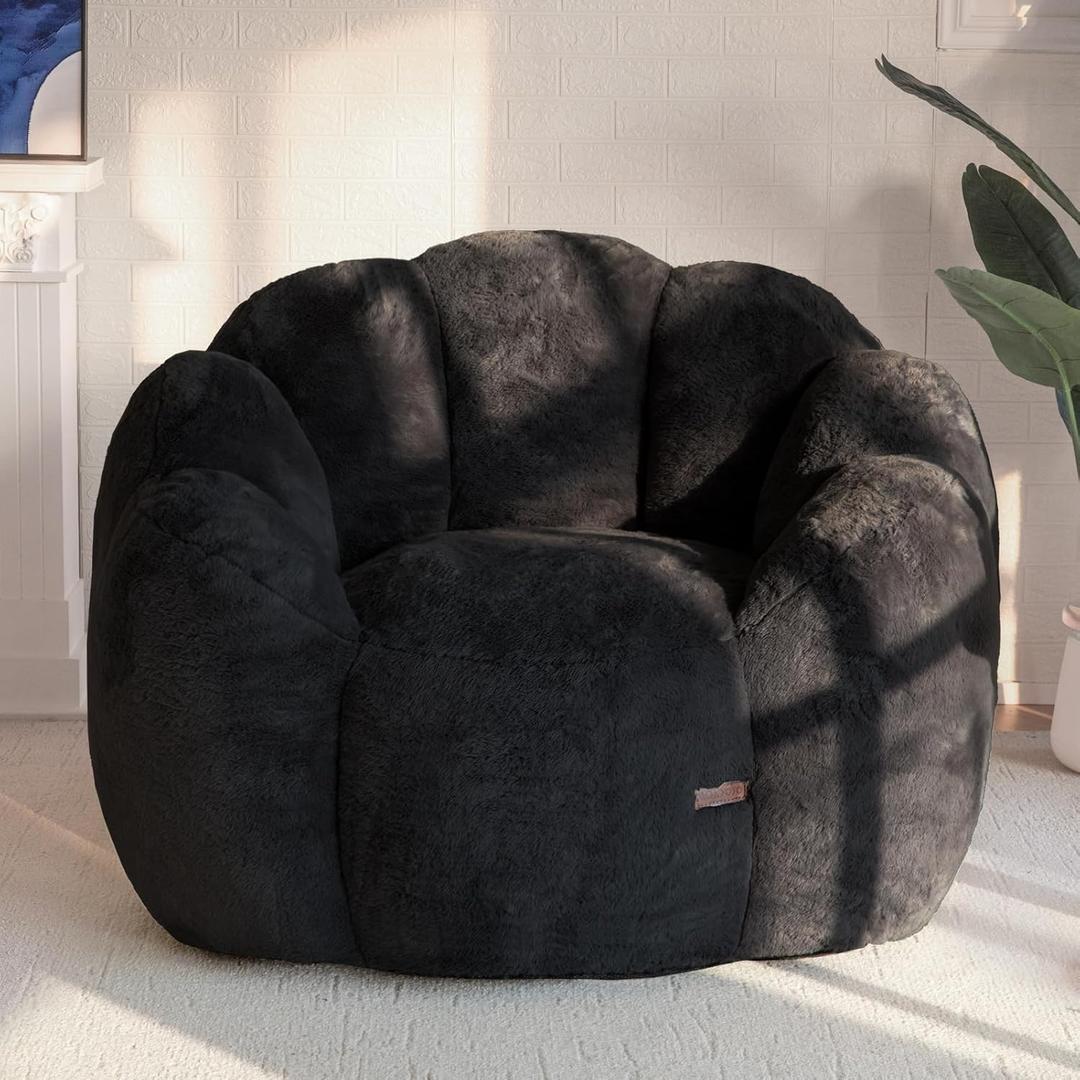 MAXYOYO Bean Bag Chair for Adults, Floral Shaped Bean Bag Sofa | Ultra Soft Faux Fur Floor Sofa, Large Reading Chair for Living Room Bedroom, Black, Single