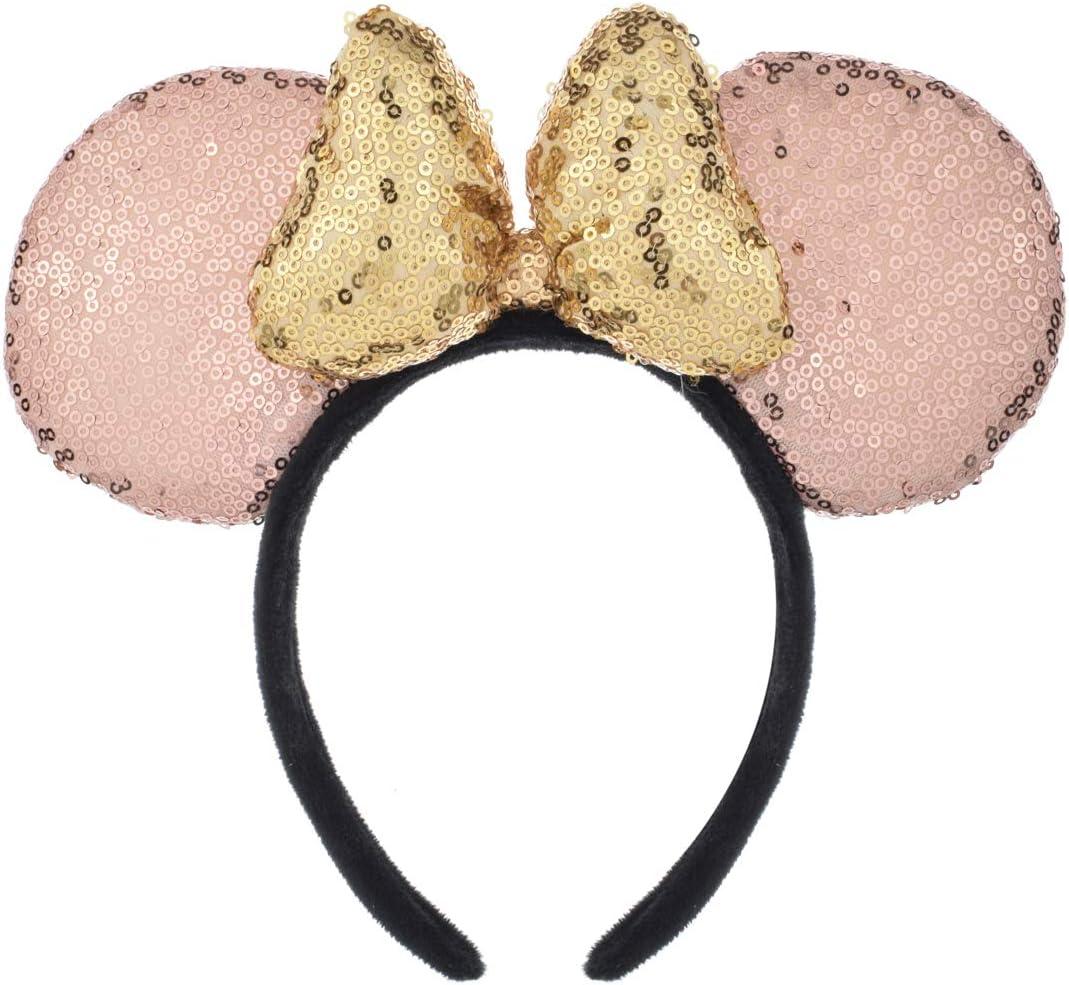 A Miaow 3D Black Mouse Sequin Ears Headband MM Glitter Butterfly Hair Clasp Park Supply Adults Women Girls Photo Accessory (Champagne and Golden) (Gold)