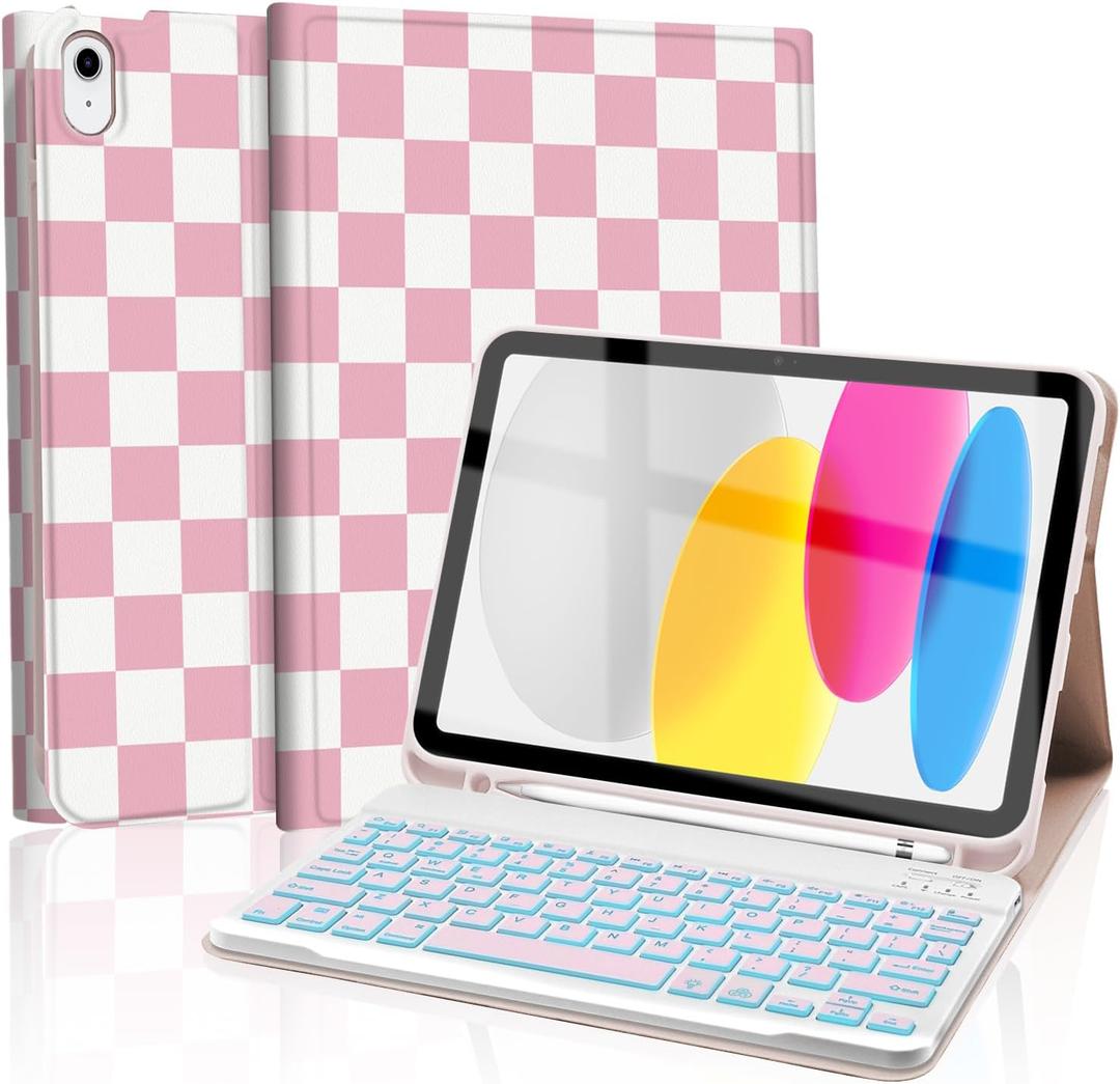 for iPad 11th 10th Generation Case with Keyboard, Backlights LED Wireless Keyboard Cover with Pencil Holder for 11th A16 11-inch 2025，10th Gen 10.9 Inch 2022, Checkered Plaid Pink-White