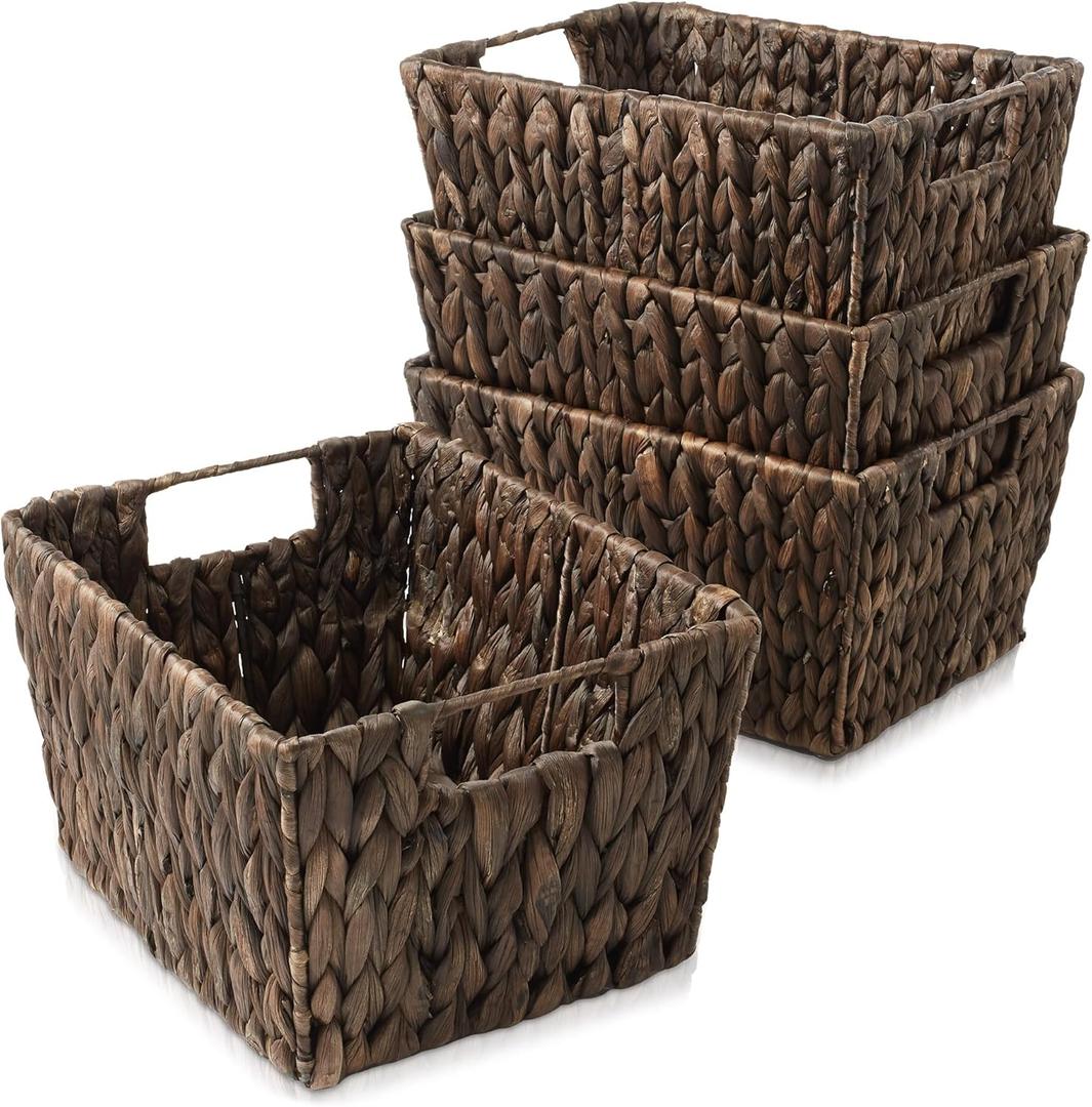 Casafield Set of 4 Water Hyacinth Storage Baskets with Handles - Espresso Brown, Woven Storage Bins for Shelves, Blankets, Laundry Organization