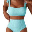 Herseas Women's Tie Shoulder Bikini Sets 2 Piece Striped Swimsuits High Waisted Bathing Suits (Blue, L)