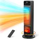 Tower Fan and Heater Combo, 1500W PTC Electric Fireplace Heater W/ 3D Flame, 90 Oscillation Space Heater Fan Combo for Indoor Use, Child Lock & Eco Mode, 12h Timer, Remote Control, Home & Office