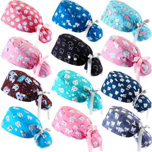 12 Pcs Dental Scrub Cap for Women Nurse Cap with Button Adjustable Dentist Surgical Hat Long Hair Ponytail Pouch Hat