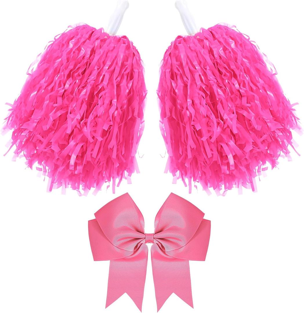 Hotop 3 Pcs 10 in Cheerleading Pom Poms and Large Cheerleader Hair Bow for Girl Cheer Pompoms Cheerleading Accessories for Sport Events Dance Party Basketball Football Team (Pink)