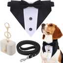 3 Pcs Dog Wedding Collar Outfit Include Dog Tuxedo Attire Wedding Ring Bearer Ring Holder Pouch Box Adjustable Pet Neck Bow Tie with Leash (M)
