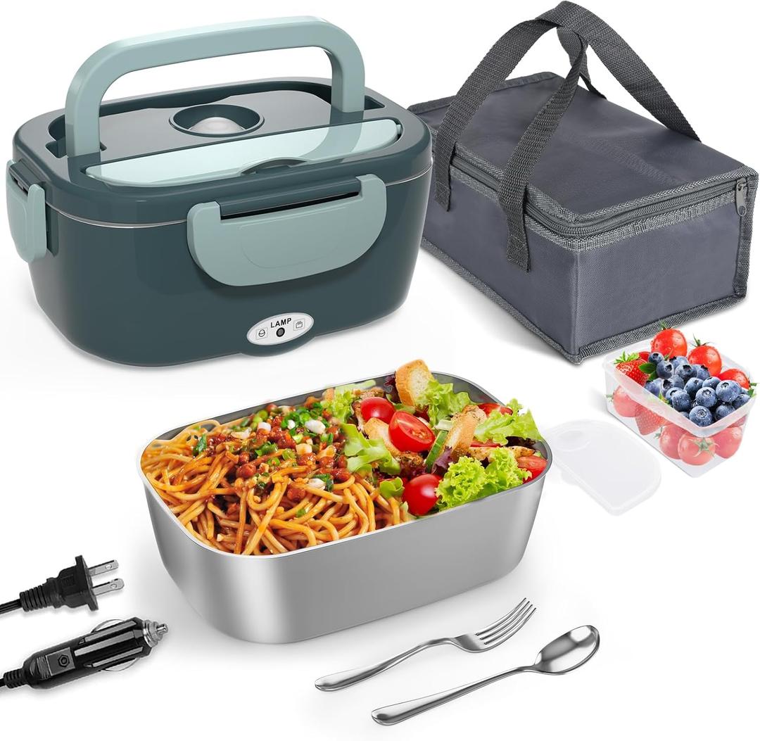 Monteka Electric Lunch Box Food Heater - Leakproof Portable Food Warmer heated lunch box for adults for Car/Home/Truck with 1.5L Removable Stainless Steel Container, White Elephant Gift, 12V/24V/110V (DarkGreen)