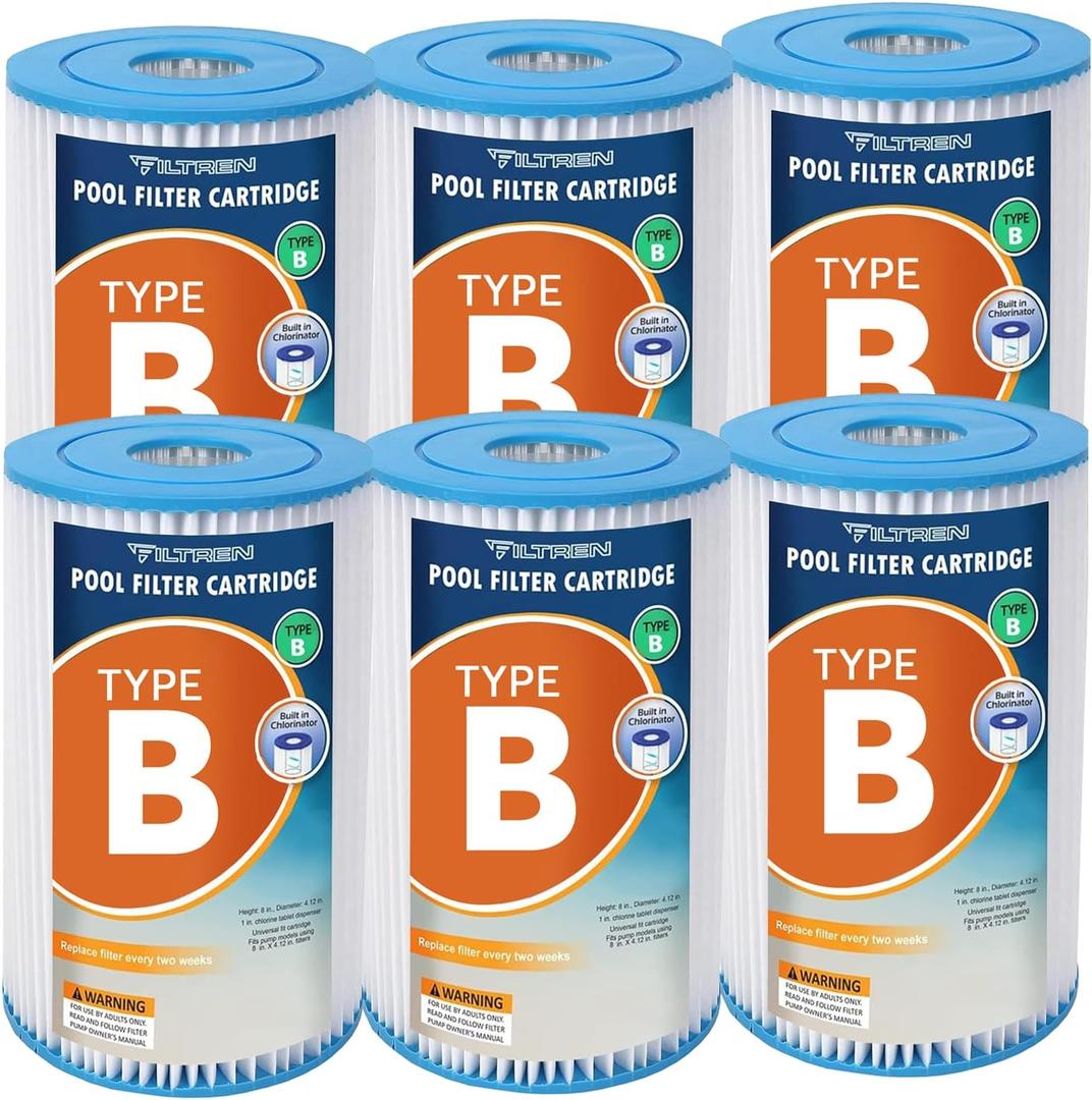 Type B Pool Filter Replacement Cartridges for Jacuzzi, Whirlpool, Hot Tub, Swimming Pool, Spa, Compatible with INTEX 2500 GPH Filter Pump-6 Pack