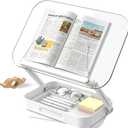 Book Stand for Reading, Acrylic Adjustable Book Holder with Book Page Holder, 360°Cookbook Stand with Storage for Kitchen Counter, Hands Free Recipe Book Holder for Textbook Cookbook, Clear