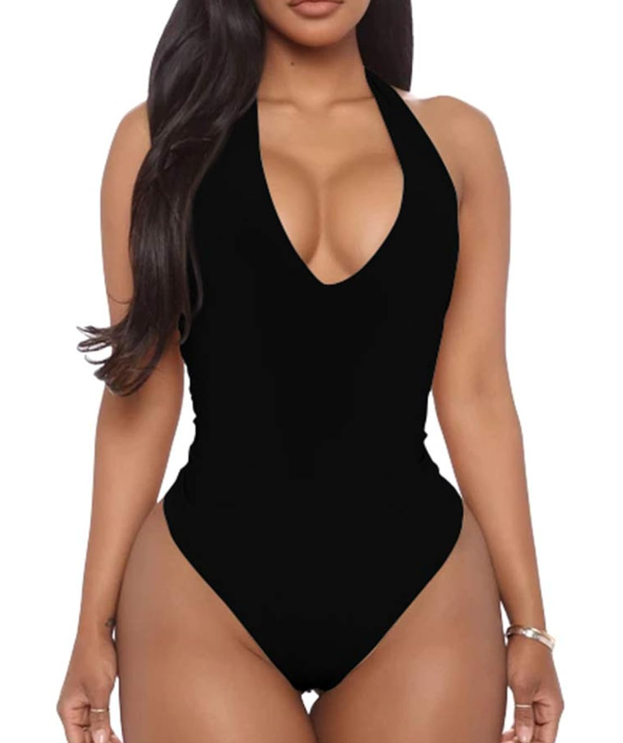 Women's Sexy Sleeveless Halter V Neck Backless Leotard Bodysuit Tops, S