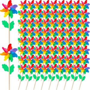 160 Pcs Rainbow Flower Pinwheels 9.84 Inch Plastic Colorful Windmills Garden Pinwheels Flower Wind Spinners with Wood Sticks for Kids Outdoor Garden Yard Decoration Rainbow Party Favors