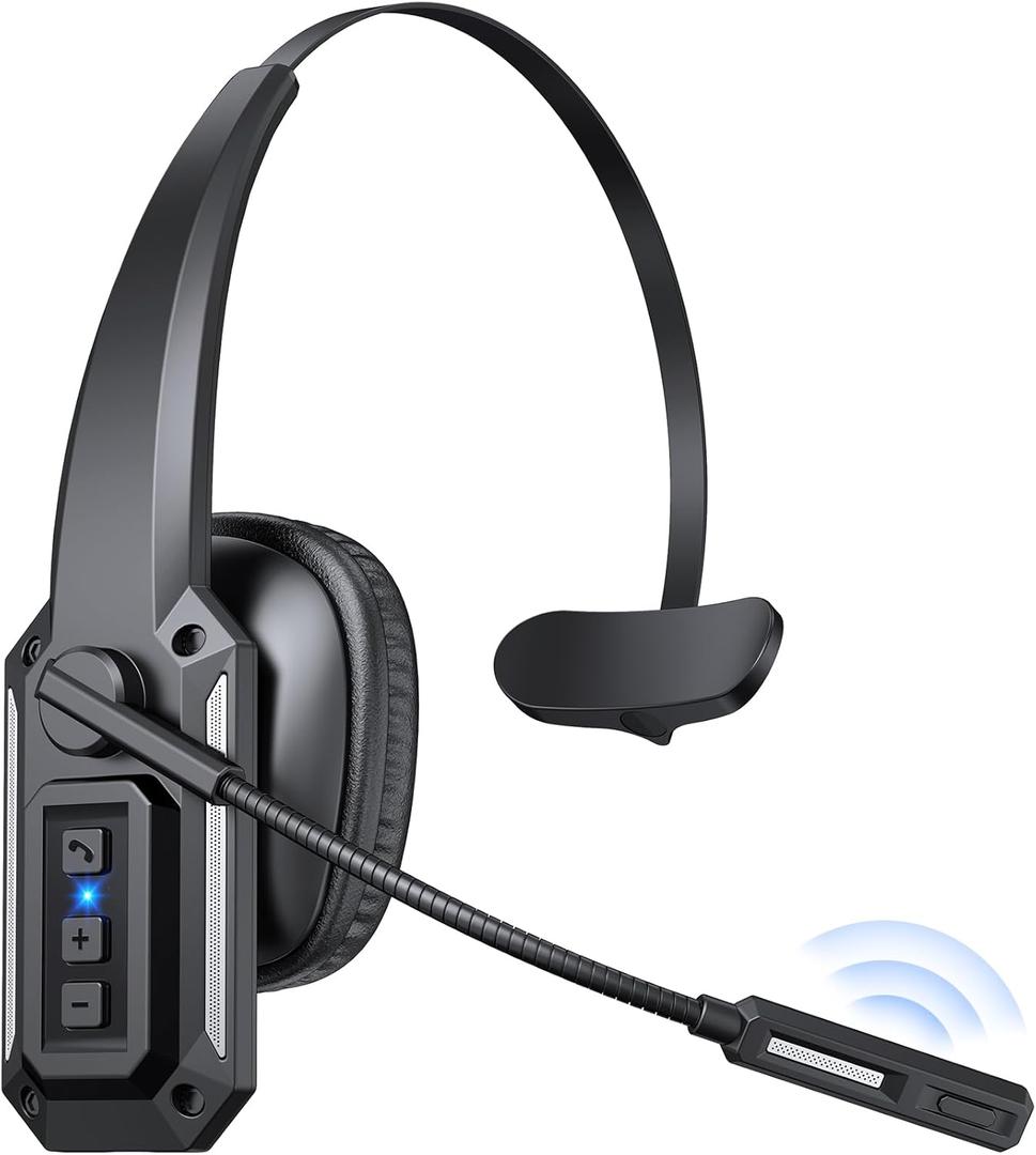 Trucker Bluetooth Headset with Mic, Wireless Headset with Noise Cancelling Microphone & Mute Button, 60Hrs Battery, Over-The-Head Bluetooth Headphones for Work, Cellphone, Laptop, Office, Black