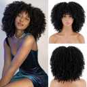 Black kinky Curly Wigs for Black Women, Short Black Curly Afro Wig with Bangs, Synthetic Heat Resistant Full Afro Curly Black Wigs for Daily Party
