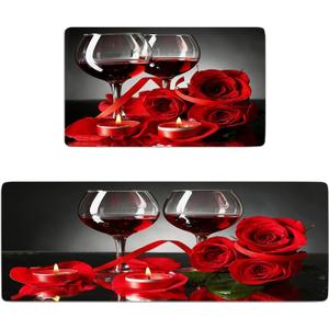 Red Kitchen Rugs and Mats Set of 2 Red Rose Cushioned Anti Fatigue Kitchen Rugs Set Non-Skid Washable Kitchen Floor Mats Runner Rug for Kitchen Sink Laundry (Red)