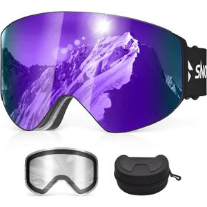 Snowalva Ski Goggles, Snowboard Goggles with 2 UV400 Anti-Fog Detachable Magnet Lenses for Men & Women Adult (Ver.2 Purple(vlt 16.54%) + Clear (Vlt 83.5%))