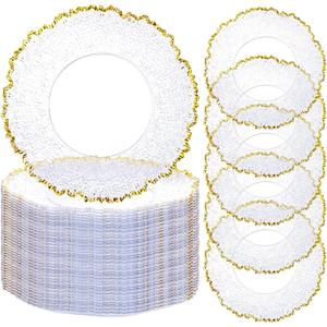 ejonirinjonir 50 Gold Trim Clear Charger Plates for Weddings 13" | Durable Plastic Charger Plates.Ideal for Holiday Tables.Easy to Clean Disposable Chargers or Hand Wash Reusable., 50pcs