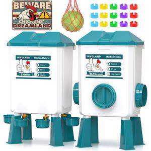 Chicken Feeder and Waterer Set - 3 Gallon/26.5 Pounds, Automatic Chicken Waterer with 4 Cups & 3 Feeder Ports, No Waste Poultry Feeders & Waterers, Chicken Coop Accessories for Hens/Ducks/Poultry