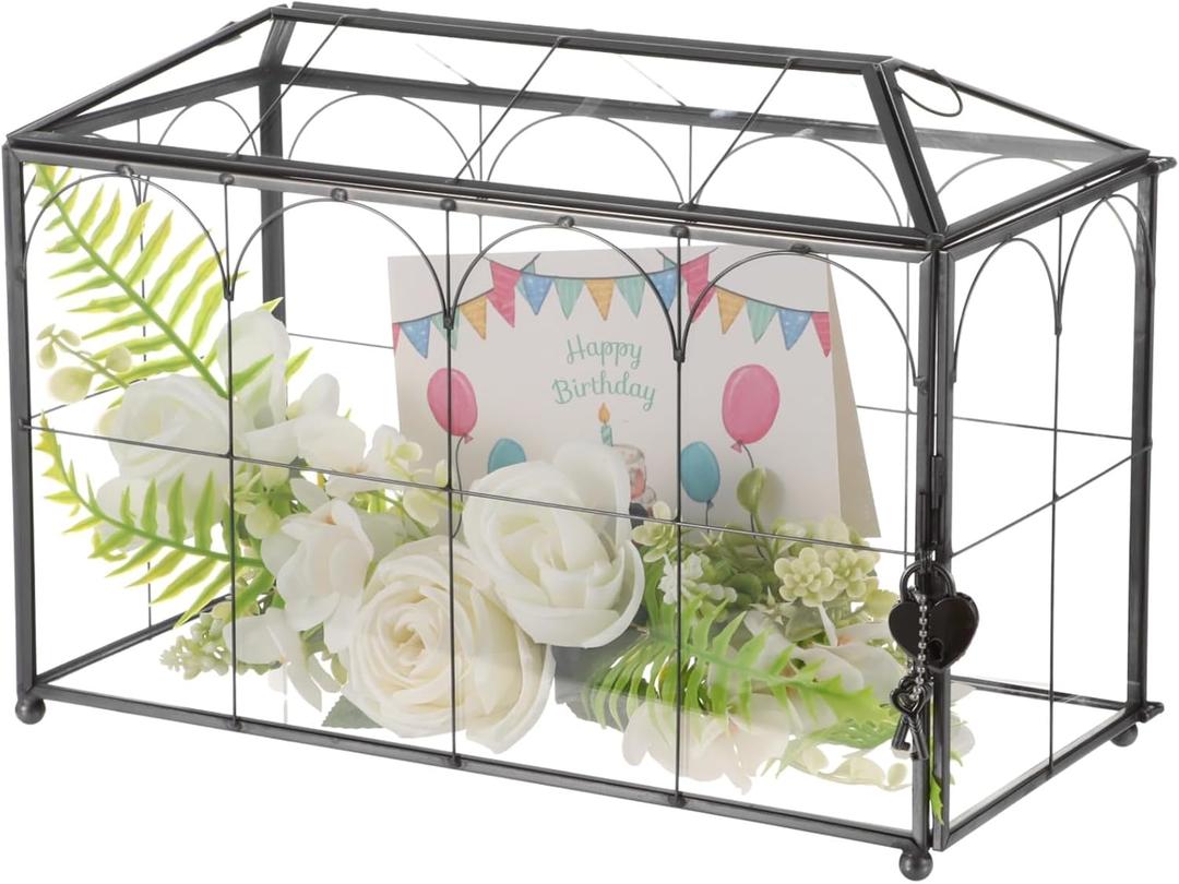 Glass Wedding Card Box with Black Metal Frame, Envelope Card Reception Box with Heart Lock, Transparent Glass, 12.6 x 5.9 x 9 in