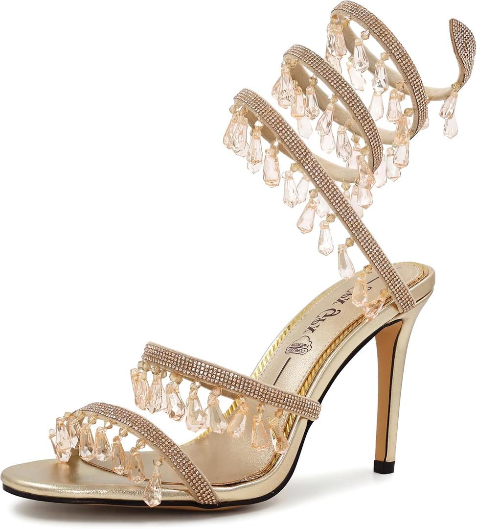 GPXGPX Rhinestone High Heels for Women Ankle Wrap Stiletto Strappy Sandals Fringes Crystal Pendants Party Wedding Bridal Evening Heeled Sandals Gold Heels Dressy 9