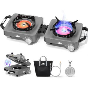 2 Propane Burners Camping Stove, 30,000 BTU Folding Camp Stove with Windproof Grates and Frying Pan,Portable Camping Stoves with Carrying Bag,Camping Essentials for Tailgating/Grilling/Coffee,Titanium