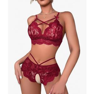 Lilosy Sexy Crotchless Strappy Women Floral Lace High Waist Pajamas Lingerie Set,S