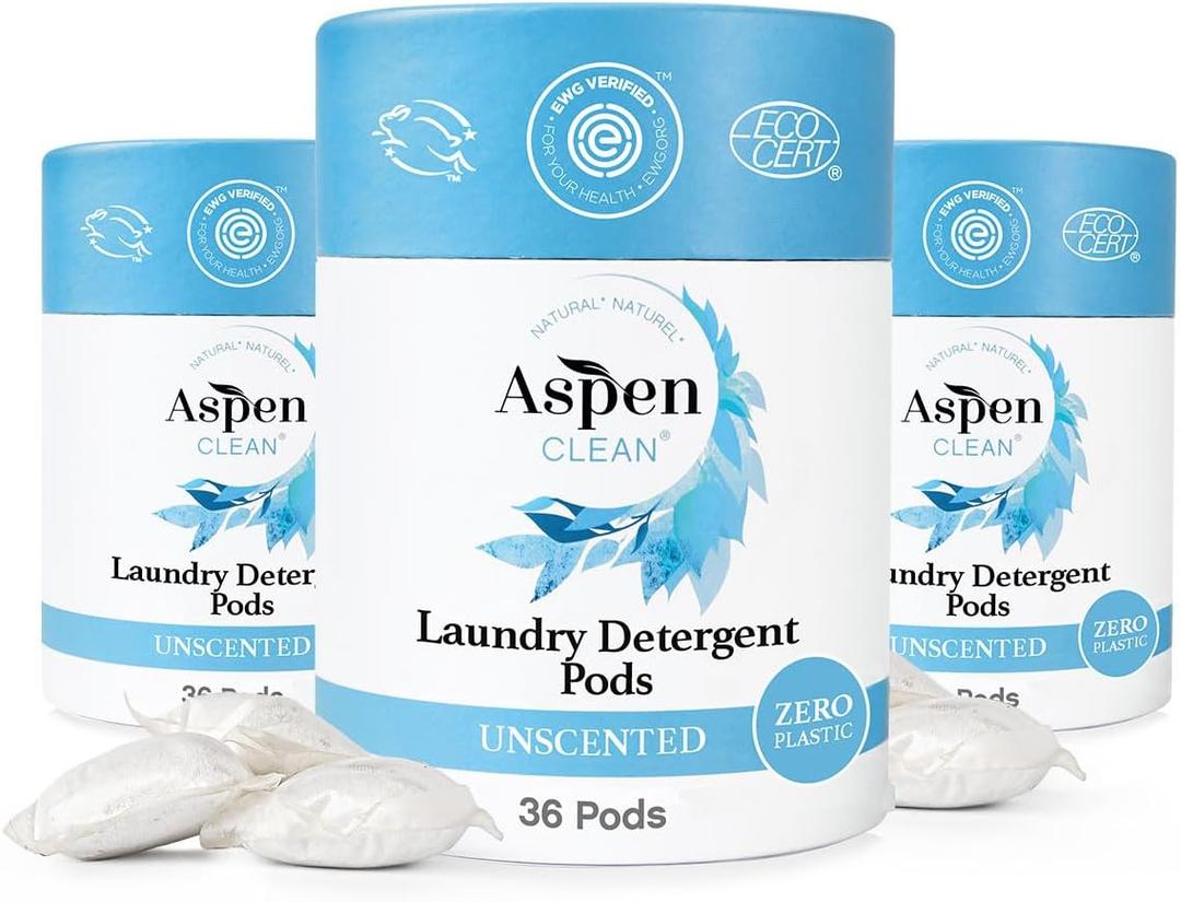 Unscented Laundry Pods by AspenClean, New and Improved Packaging, Zero Plastic, Non-Bio, Vegan, Hypoallergenic Natural Laundry Detergent, EWG Verified - 36 Count (3 Pack)