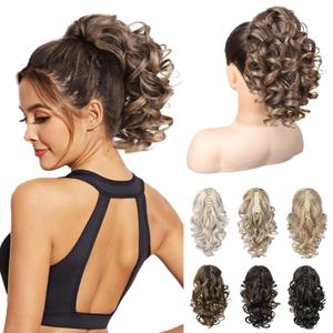 REECHO 12" Ponytail Extension, Classic Loose Curly Wavy Claw Clip Pony tails Hair Extensions Hairpieces for Women - Light Brown with Golden Ends