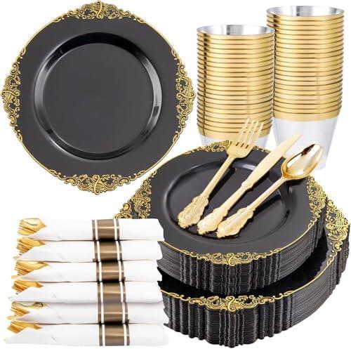 Nervure 175PCS Black Plastic Plates - Disposable Black Gold Party Plates & Pre Rolled Napkins with Cutlery for 25 Guests, 50Plates, 75Silverware, 25Cups, 25Napkin for Wedding & Party