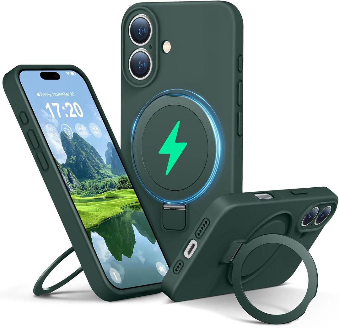 Liquid Silicone Case for iPhone 16 with Magnetic Ring Stand, Upgraded Camera Lens Protection, Mil-Grade Drop Shockproof, Anti-Scratch Microfiber Lining Silicone Case (Green)