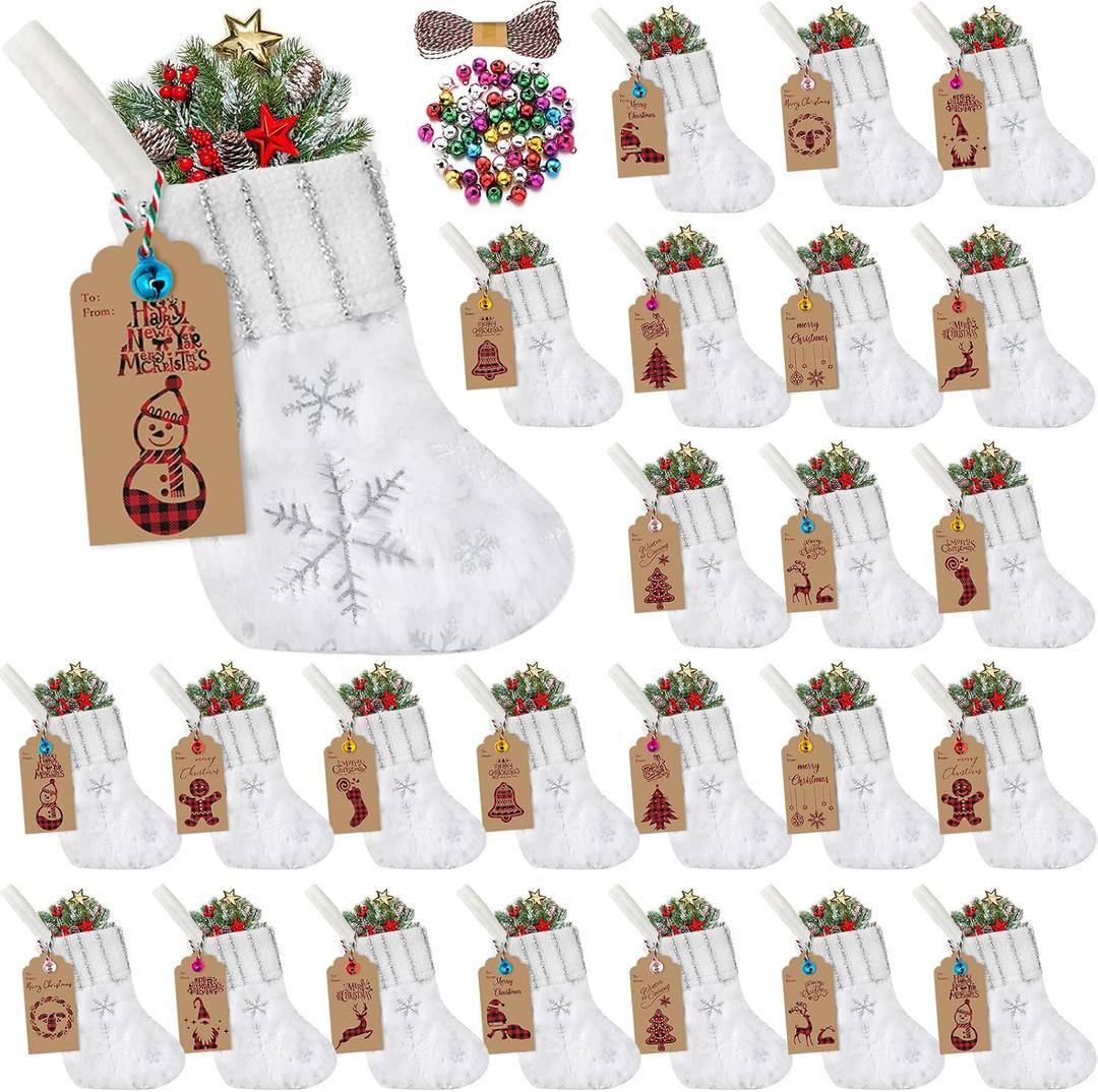 24 Set Mini White Christmas Stockings Set with Silver Sequin Snowflake 6 Inch Faux Fur Xmas Hanging Stocking Bulk Small Plush Xmas Stocking with Christmas Kraft Gift Tags