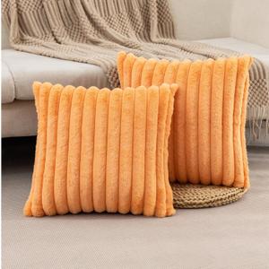 ZLINA Set of 2 Orange Faux Fur Decorative Throw Pillow Covers Fluffy Striped Pillowcase Cushion Covers 16 x 16 Inch Decor Sofa Couch Bedroom