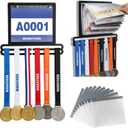 Race Medal and Bib Display Wall Mounted Rack, Heavy Duty Metal Hanger with 10 Clear Bib Holders, Holds 20 Bibs & 40 Medals, Gift for Runners Marathon Athletes