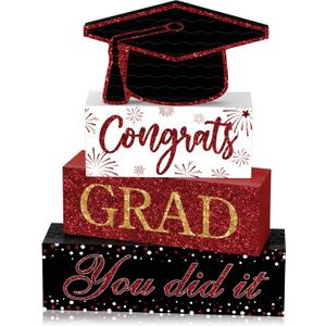 Cinnvoice 4 Pcs Graduation Table Decor 2026 Congrats Grad Centerpiece Class of 2026 Wood Sign Graduation Tiered Tray Decor Farmhouse Congratulate Gifts for Home Shelf Party Decorations(Black Maroon)