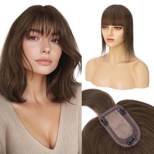 S-noilite Human Hair Toppers for Women with Bangs 100% Real Human Hairpiece 5"x3" Clip in Silk Base Topper Piece Cover Thinning Fine Hair 10 inch Coffee Brown