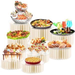 10 Pcs Buffet Risers, Acrylic & Cardboard Foldable Table Food Display Stands with Acrylic Plates Risers for Catering Dessert Cake Jewelry for Wedding Birthday Christmas Party Decorations White