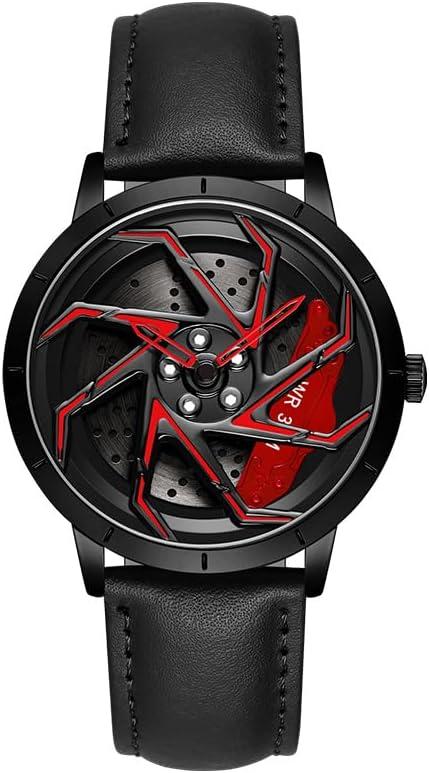 FANMIS Men's Fashion Racing Watch Creative 3D Spinning Car Wheel Rotating Design Stainless Steel Large Dial Skeleton Waterproof Watch, Suitable for Men and Car Enthusiasts (Leather Black Red)