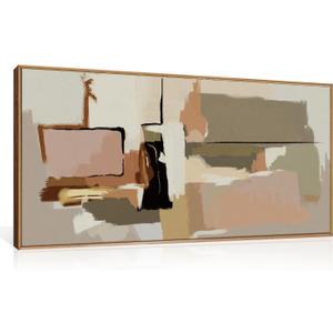 Abstract Neutral Brushstroke Framed Canvas Wall Art Set, Minimalist Beige Toned Color Blend Wall Decor, Modern Color Block Geometric Artwork for Living Room, Bedroom- 20 x40"