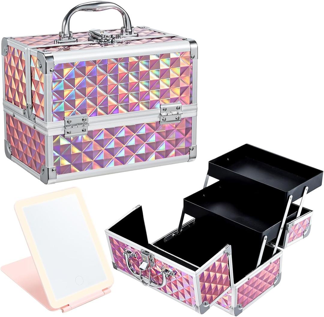 Faquenc Makeup Case with Lighted Mirror Travel Makeup Organizer Box 2 Trays Lockable Cosmetic Train Case with Movable LED Mirror for Girls Make Up Nail Kits Sewing Vanity Storage Case Shiny Pink